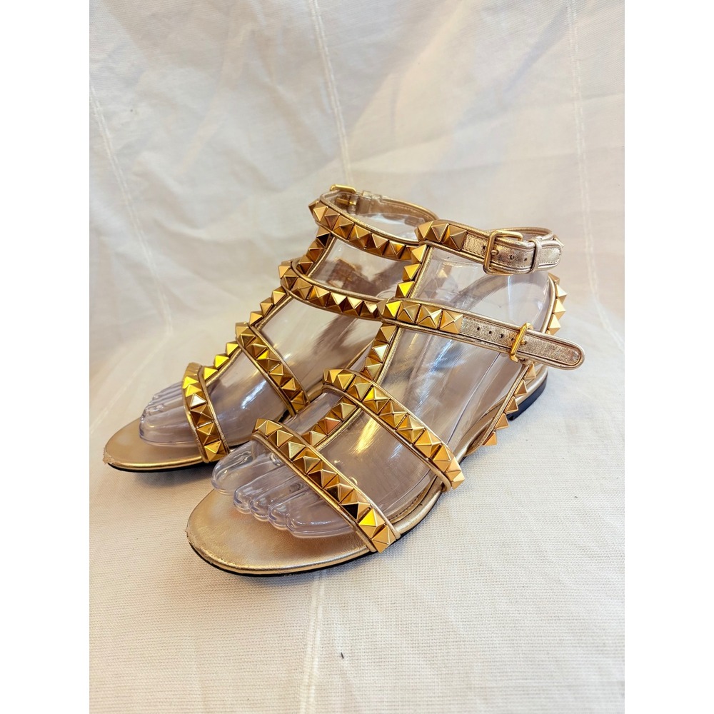 Valentino Garavani Rockstud Gold Metallic Gladiator Sandals Flat Strappy 36
